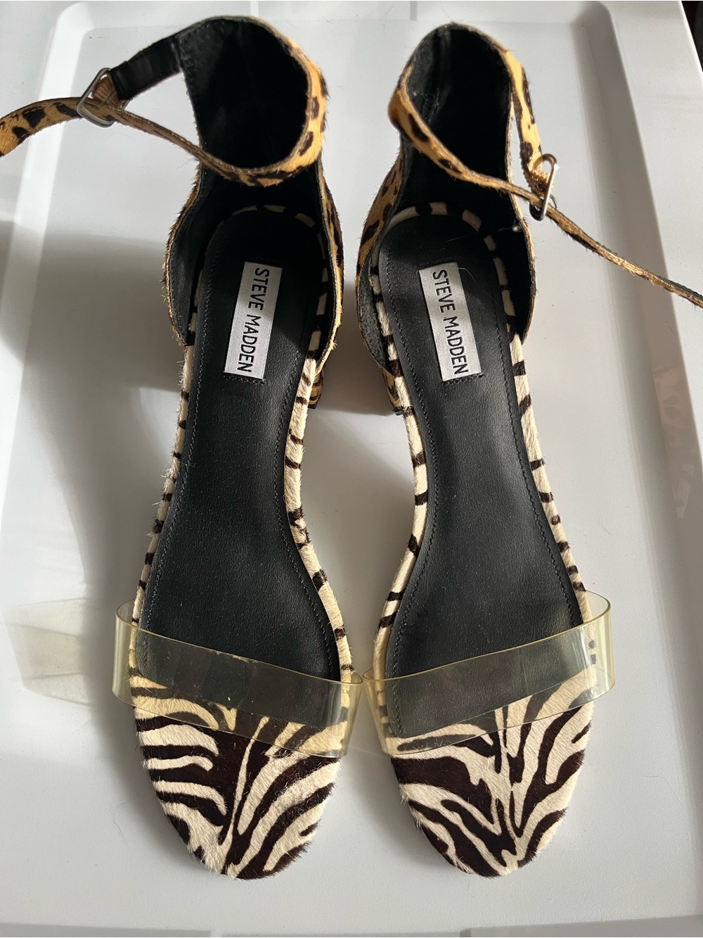 Steve Madden Zebra-Print Ankle Strap Sandals in Black and Cream